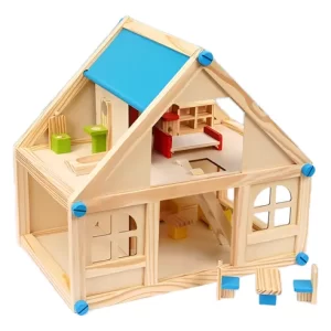 casita de muñecas con techo azul