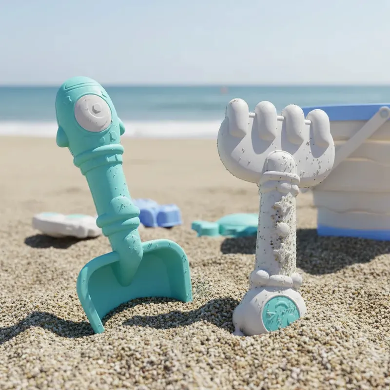 Balde de playa celeste plegable con accesorios. - Imagen 3