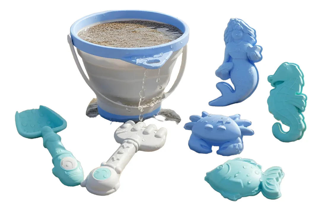 Balde de playa celeste plegable con accesorios. - Imagen 2