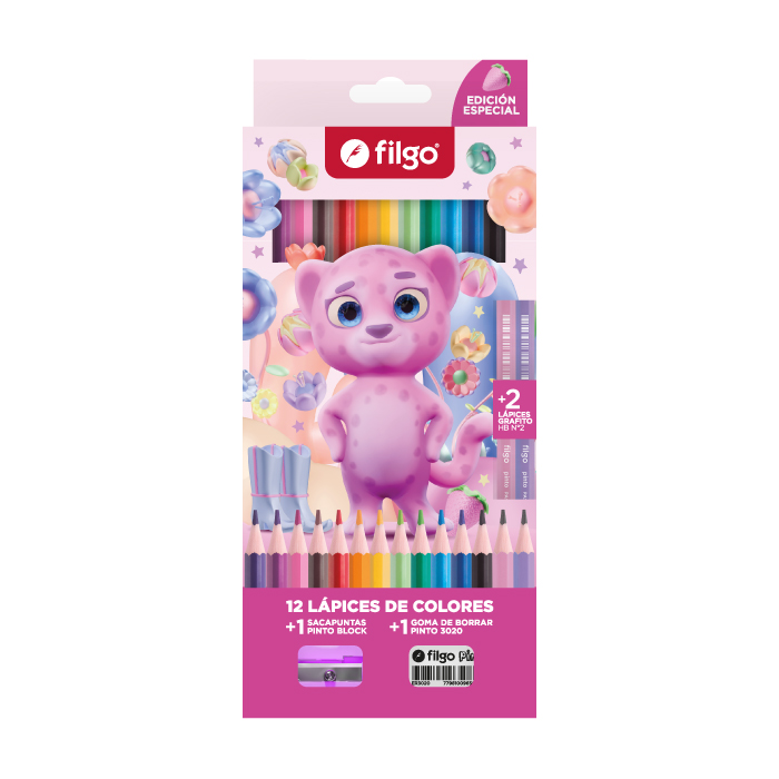 12 Lápices de Color Leoparda + 2 Lápices grafito + Goma + Sacapuntas
